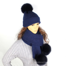 Lã de cor pura de malha chapéu cachecol com pele do falso pompons inverno pescoço mais quente das mulheres chapéu e lenço conjunto